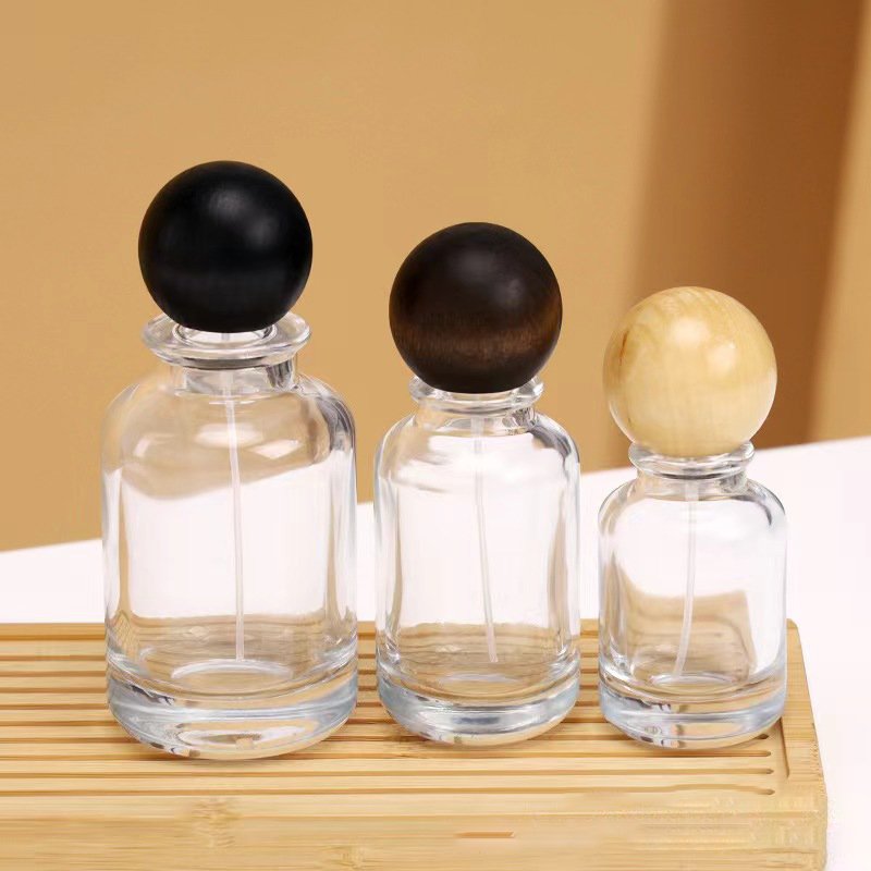 30ml 50ml 100ml Fragrance Glass Parfum Bottle With Crimp Spray Empty With Atomizer Refillable Perfume Bottle Wooden Lid