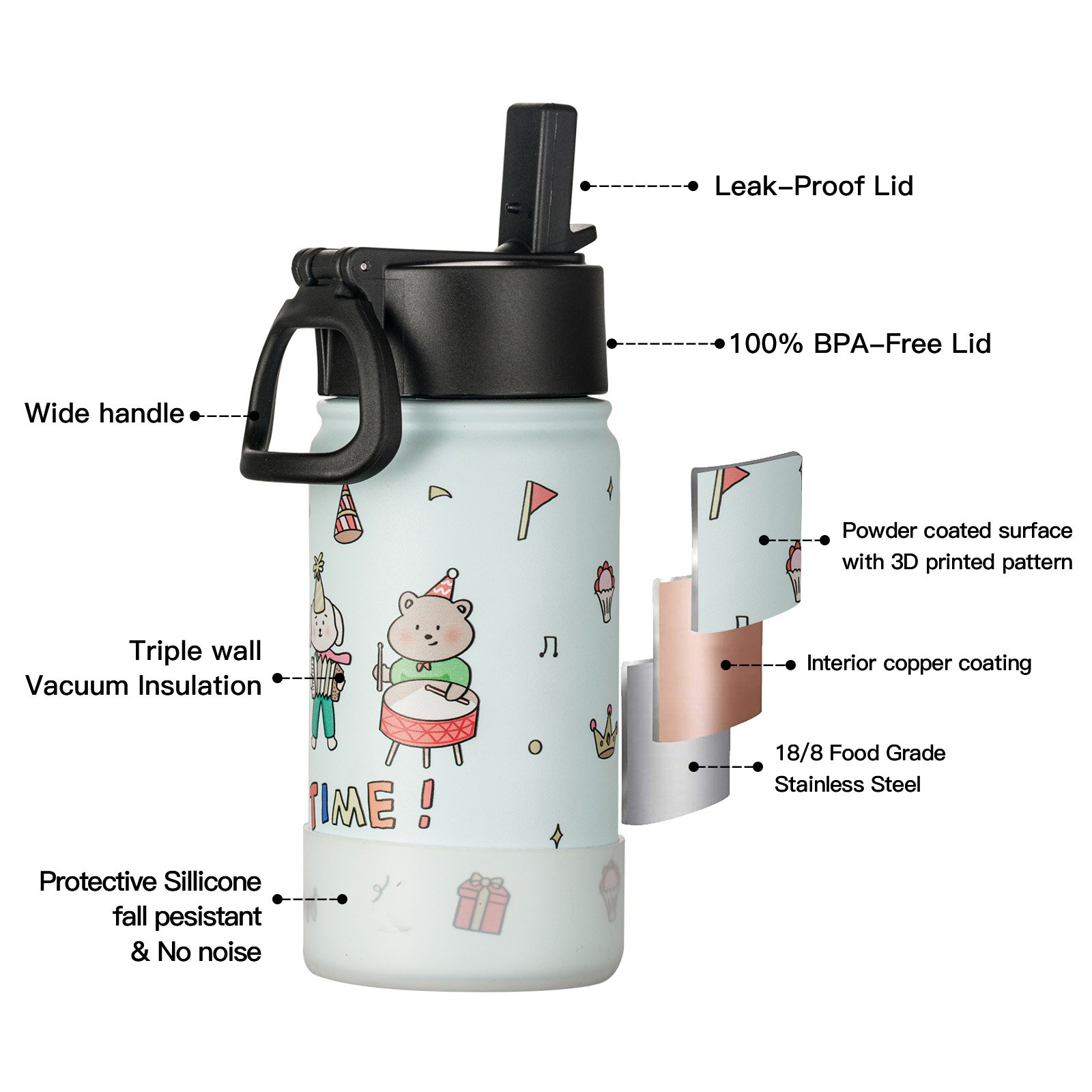 Custom 12OZ Gym Sport School Hot Vacuum Insulated Double Wall Stainless Steel Children Kids Water Bottle With Straw Lid