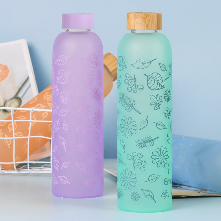 Custom Logo BPA Free Fashion Multi Color Popular Frosted Transparent Glass Drinking Water Bottle
