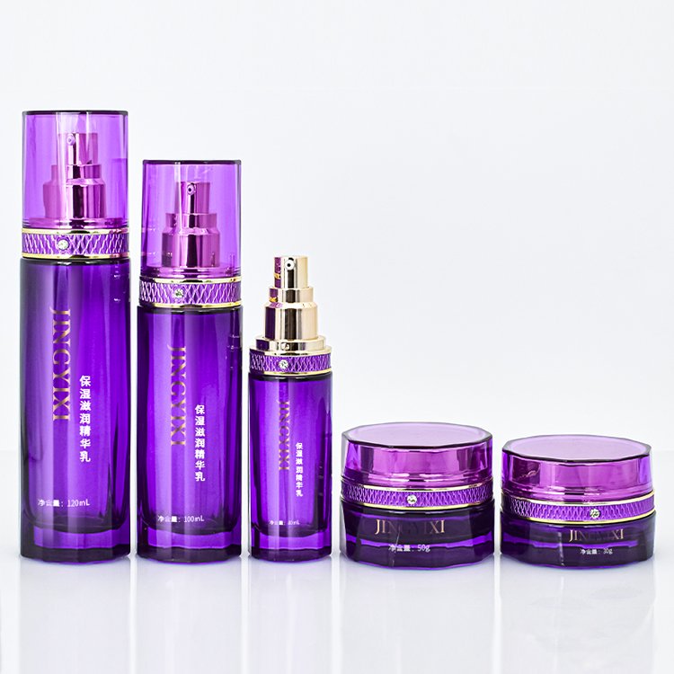 Luxury Purple 30g 50g 40ml 100ml 120 ml Empty Skincare Lotion Cream Spray Round Glass Bottles for Cosmetics Packaging with Pump