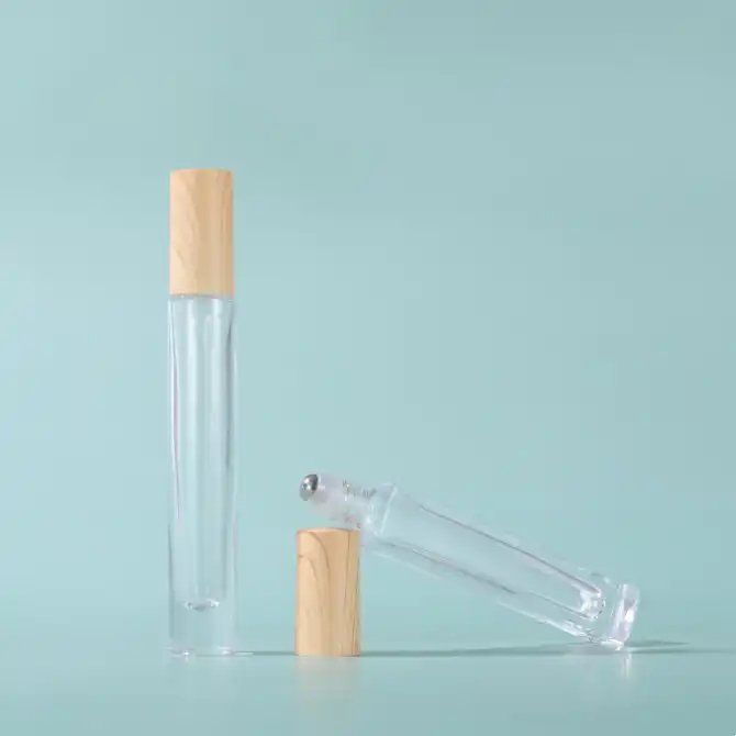 Thick Bottom Oil Roller Cosmetic Packaging 10ml Wood Grain Cover Empty Perfume Roll On Glass Bottle