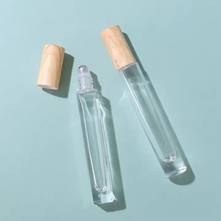 Thick Bottom Oil Roller Cosmetic Packaging 10ml Wood Grain Cover Empty Perfume Roll On Glass Bottle