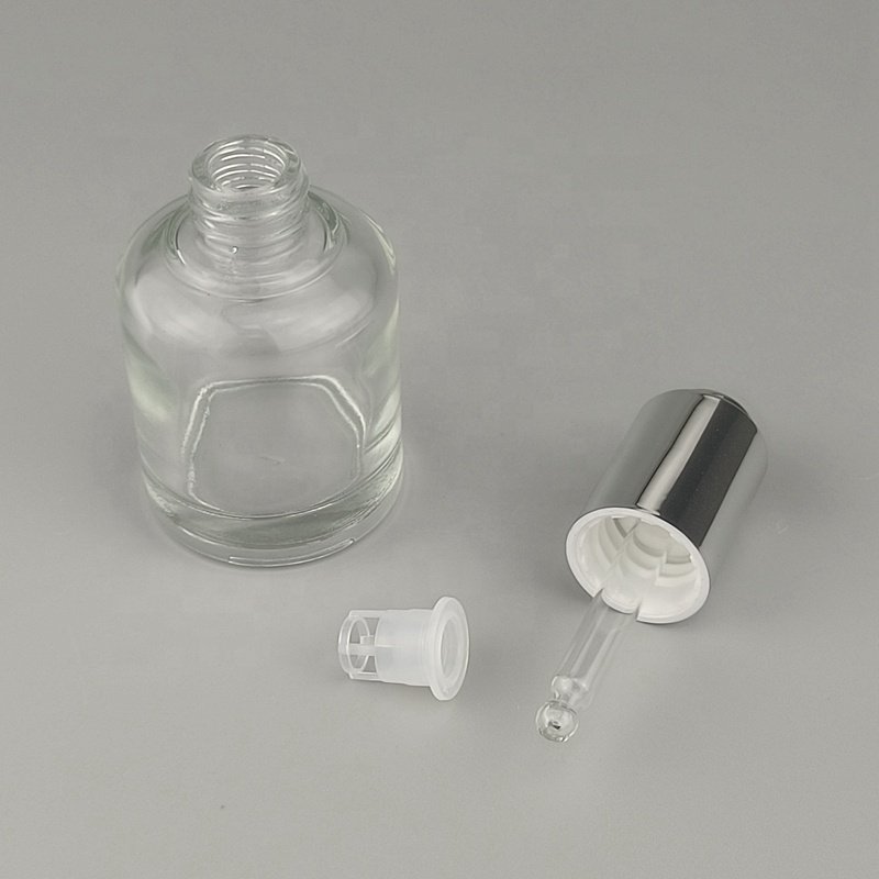 press dropper glass bottle 30 ml clear glass bottle cosmetic serum dropper bottle with 18 mm silver dropper