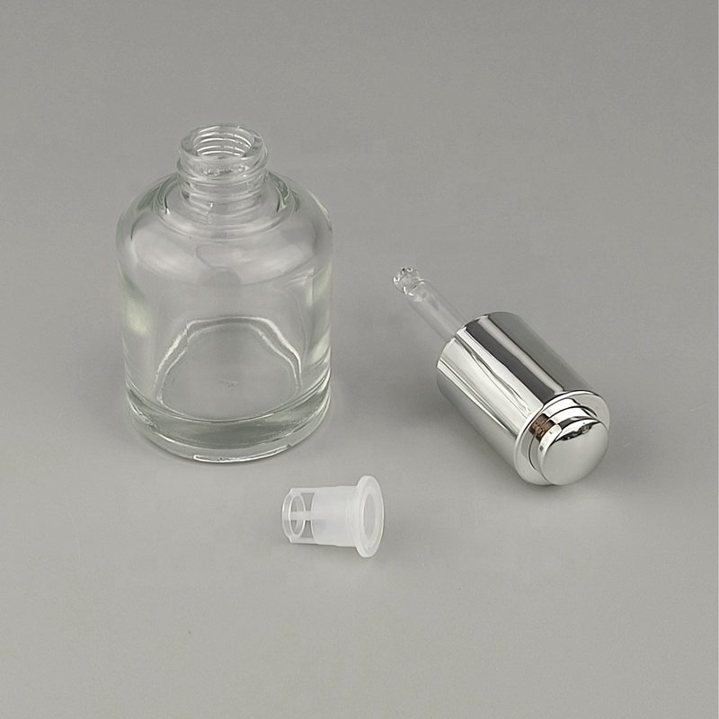 press dropper glass bottle 30 ml clear glass bottle cosmetic serum dropper bottle with 18 mm silver dropper