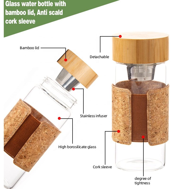 Double wall 300ml 320ml 400ml 450ml glass bottle borosilicate thermos glass drinking water bottle tea mug cup with bamboo lid