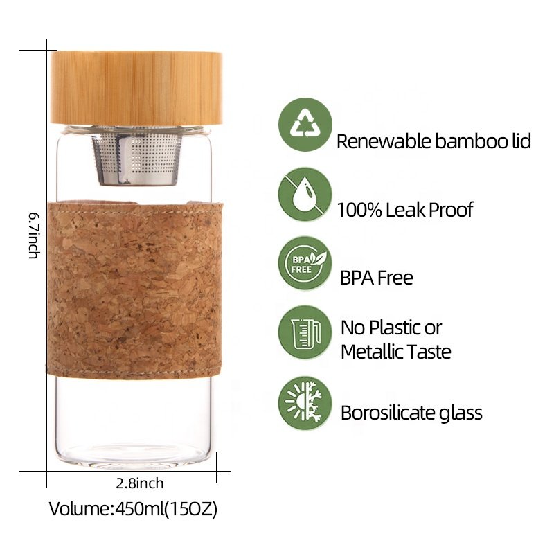 Double wall 300ml 320ml 400ml 450ml glass bottle borosilicate thermos glass drinking water bottle tea mug cup with bamboo lid