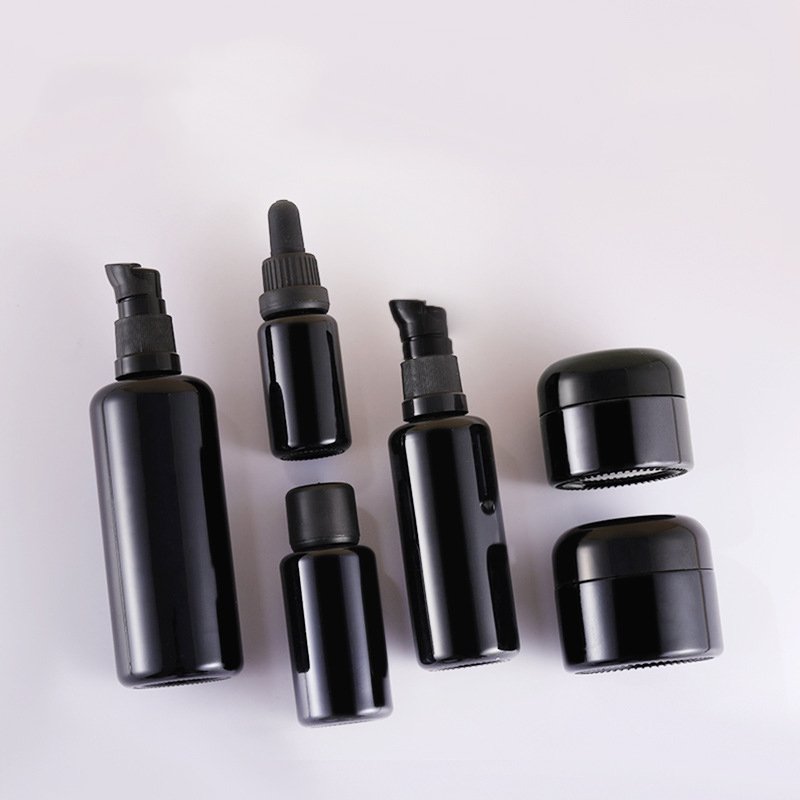 Empty Black UV 30ml 50ml 100ml 200ml 30g 50g violet glass eye cream jar and bottle with dropper pump for cosmetic packaging