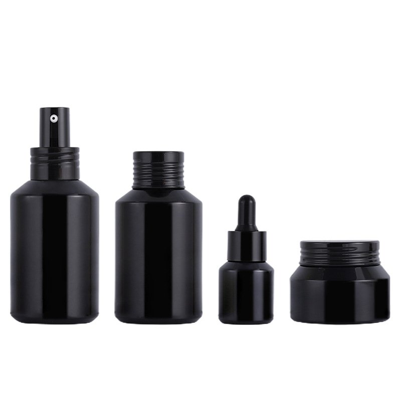 Empty Black UV 30ml 50ml 100ml 200ml 30g 50g violet glass eye cream jar and bottle with dropper pump for cosmetic packaging