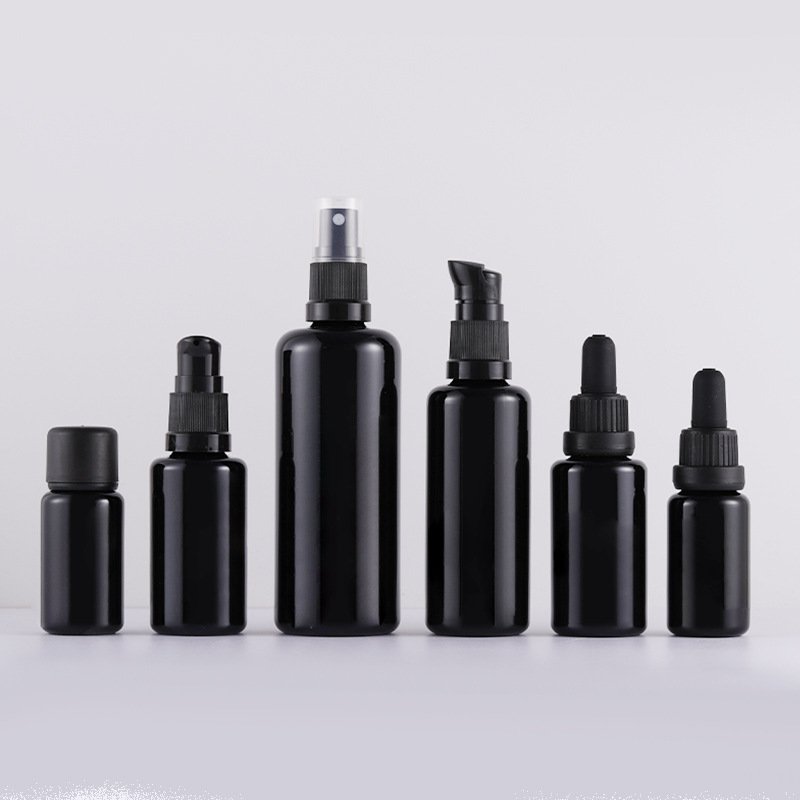 Empty Black UV 30ml 50ml 100ml 200ml 30g 50g violet glass eye cream jar and bottle with dropper pump for cosmetic packaging