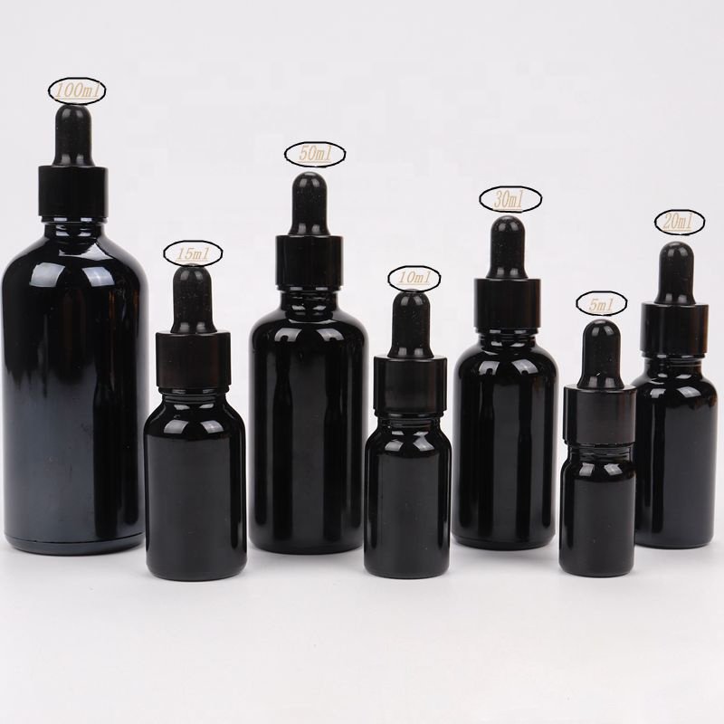 China supplier 5ML 10ML 15ML 20ML 30ML 50ML 100ML black glass essential oil Glass dropper bottles for sale