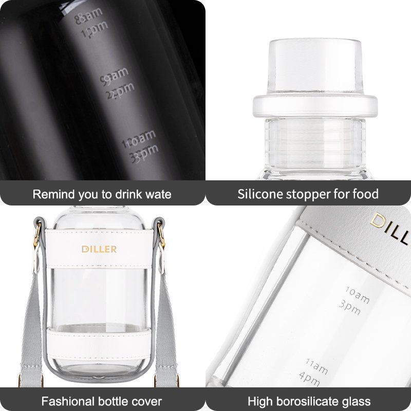 Custom Logo Recycled Clear Sports Glass Water Bottle High Borosilicate Glass Bottle with Time Maker