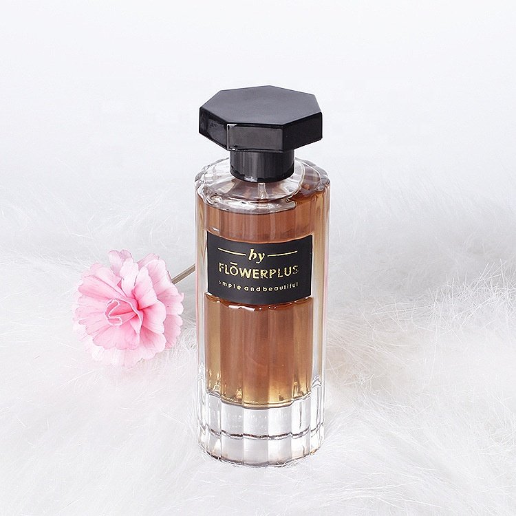 Luxury perfume 100ml tall vertical glass bottle glass perfume bottle with sever-star cap with label