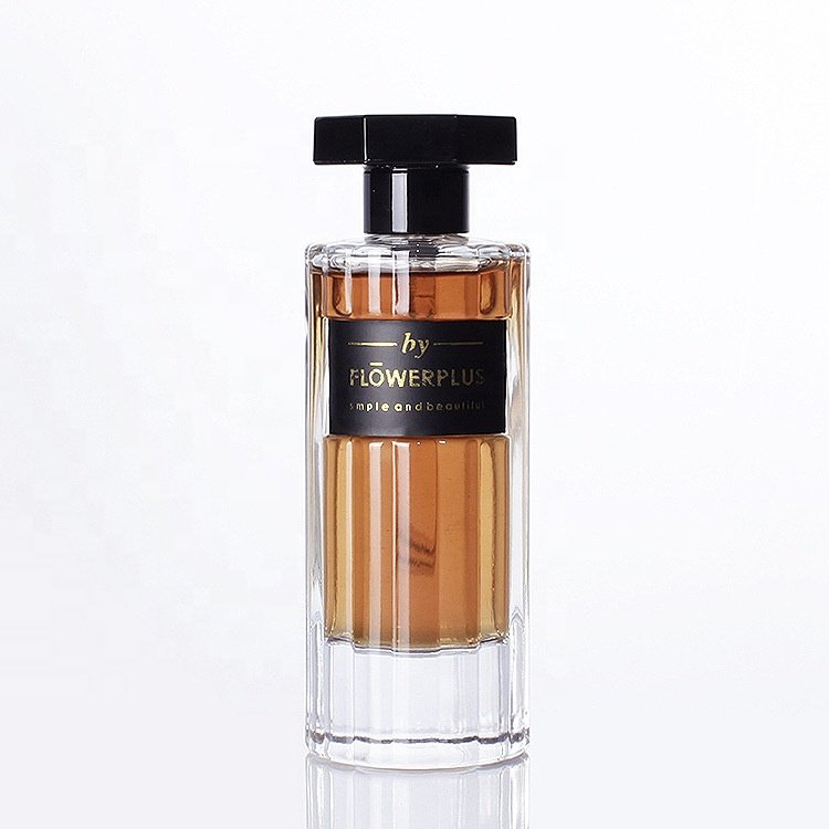 Luxury perfume 100ml tall vertical glass bottle glass perfume bottle with sever-star cap with label