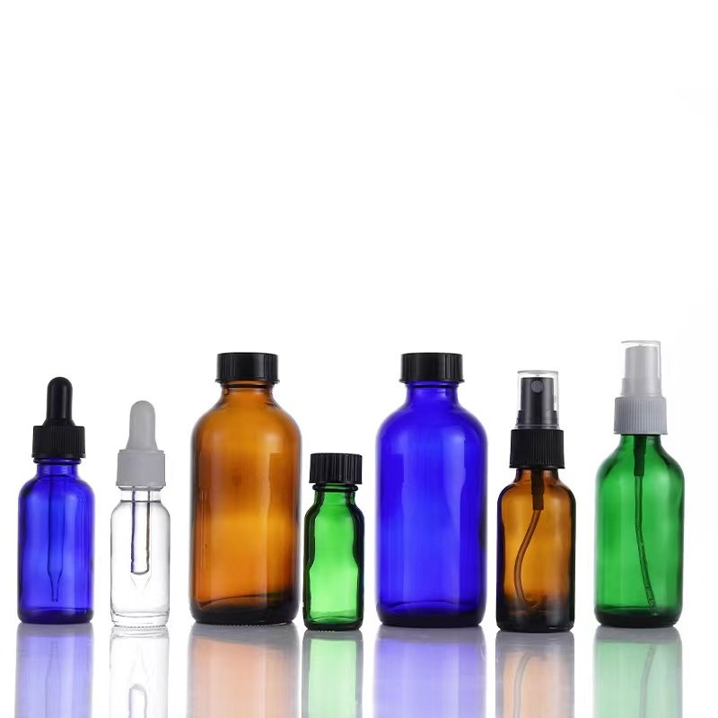 Boston round Glass Bottle Clear Amber Blue colors GPI400 neck 1/2oz 1oz 2oz 4oz 6oz 8oz 16oz 32oz dropper cap spray ABS cap