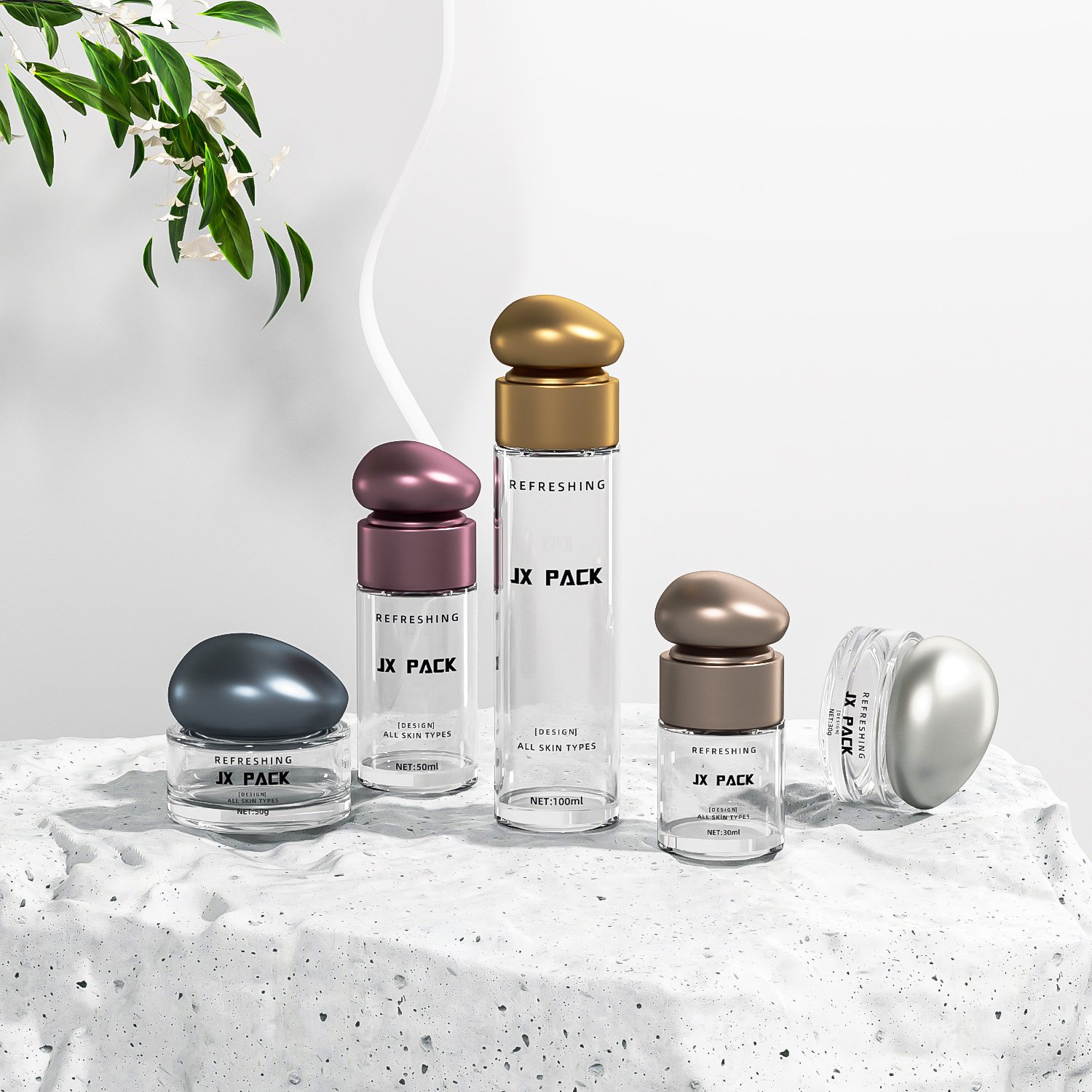 Luxury skincare face cream jar bottle set 30ml 50ml 100ml lotion frosted glass bottle for cosmetics liquid packaging