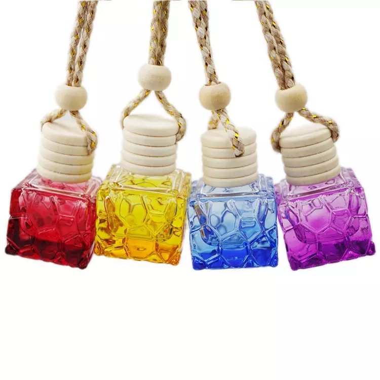 Wholesale Colorful 10Ml Water Cube Styling Hanging Colorful Car Perfume Bottle Diffuser Glass Bottle With The Wooden Cover