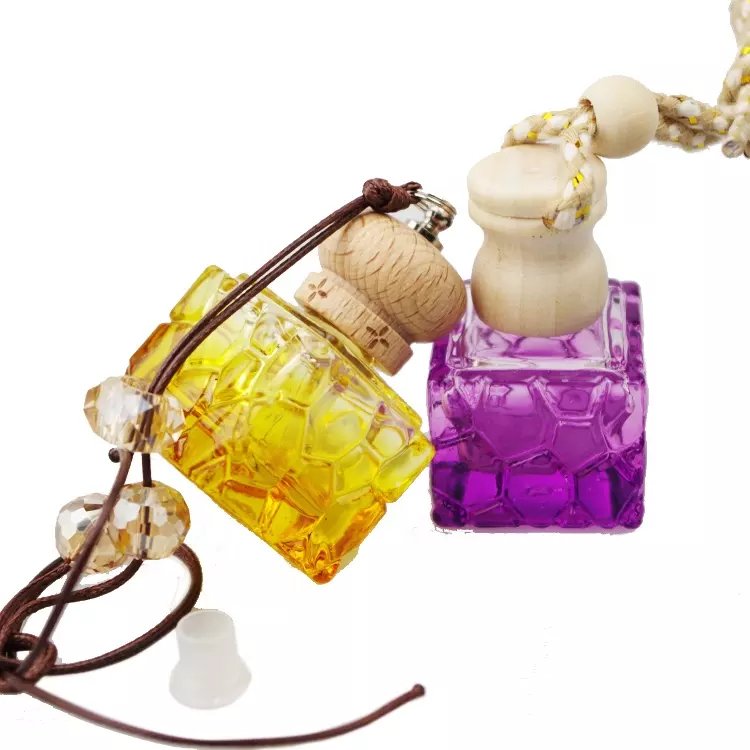 Wholesale Colorful 10Ml Water Cube Styling Hanging Colorful Car Perfume Bottle Diffuser Glass Bottle With The Wooden Cover