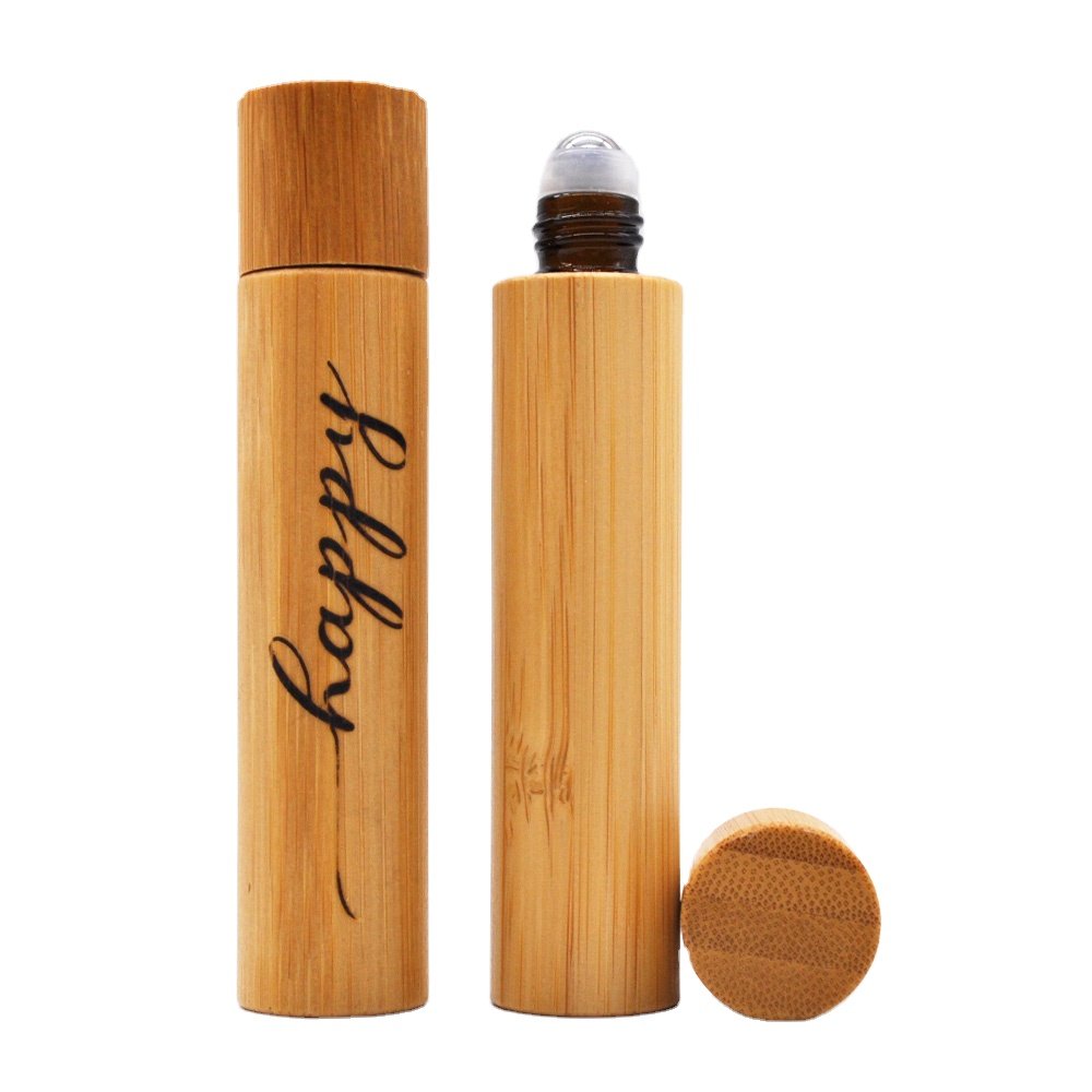 Hot selling Bamboo roller perfume glass bottles wood roll on essential oil bottle 10ml