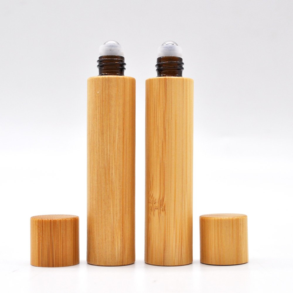 Hot selling Bamboo roller perfume glass bottles wood roll on essential oil bottle 10ml