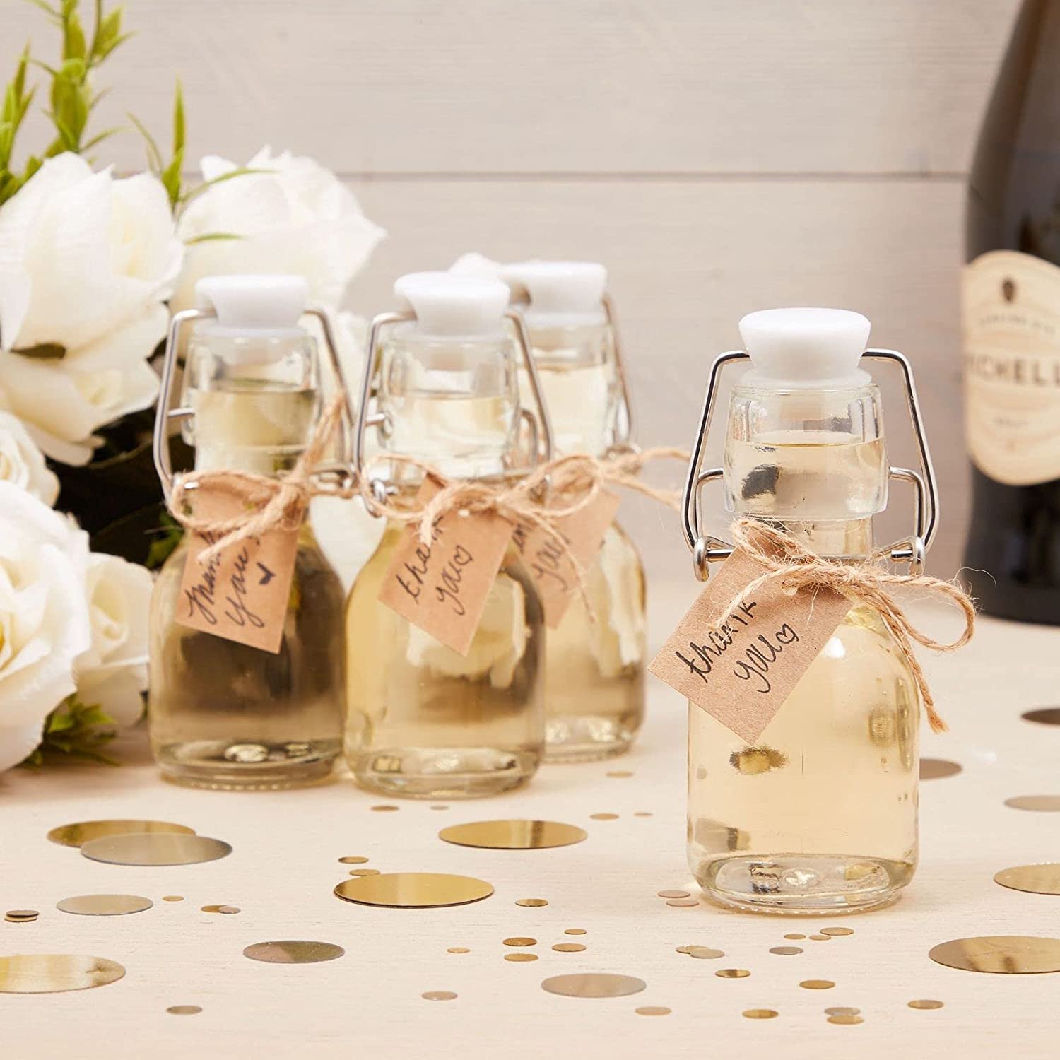 Mini Swing Top Glass Bottles with Tags and Twine for Party Favors (2 oz, 15 Pack)