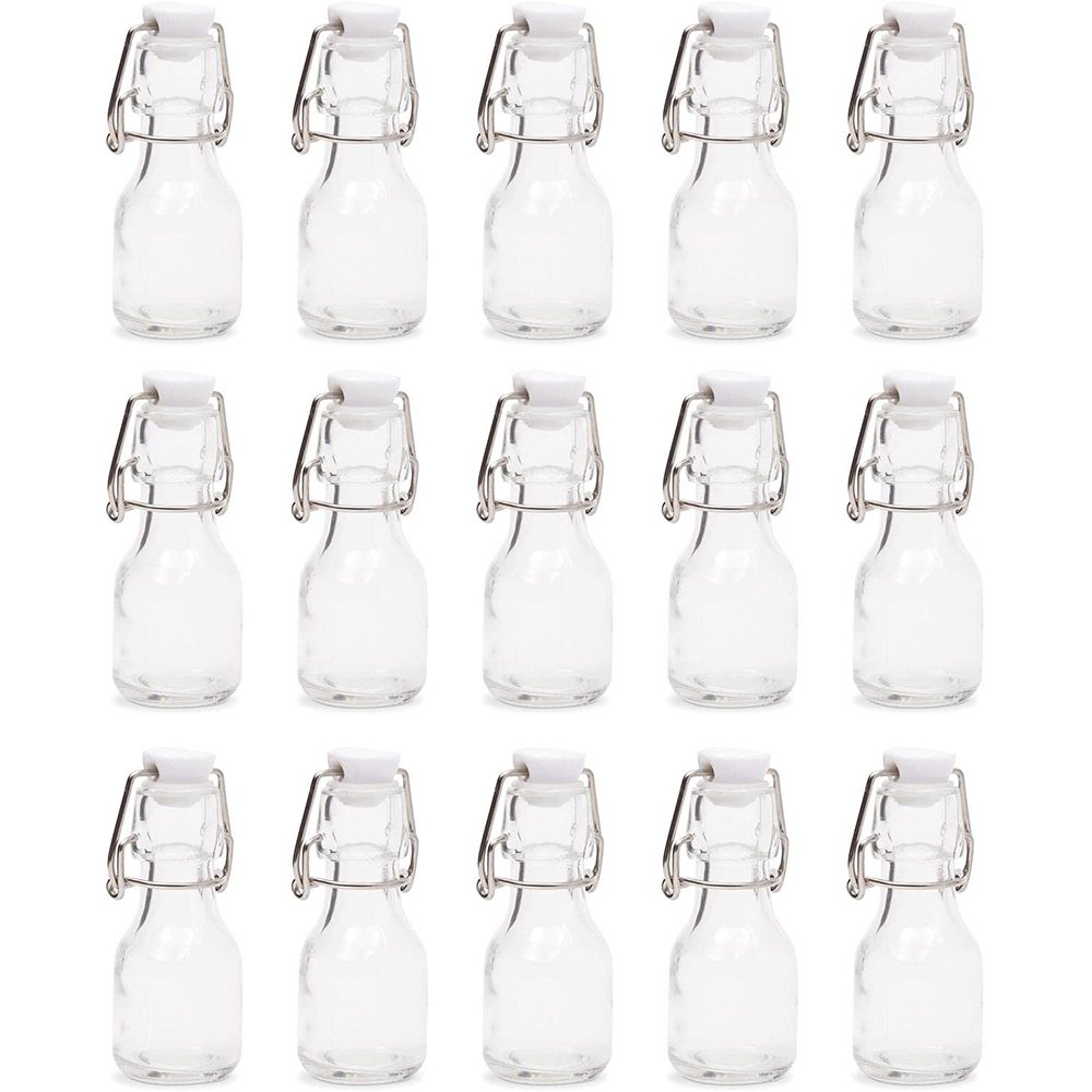 Mini Swing Top Glass Bottles with Tags and Twine for Party Favors (2 oz, 15 Pack)