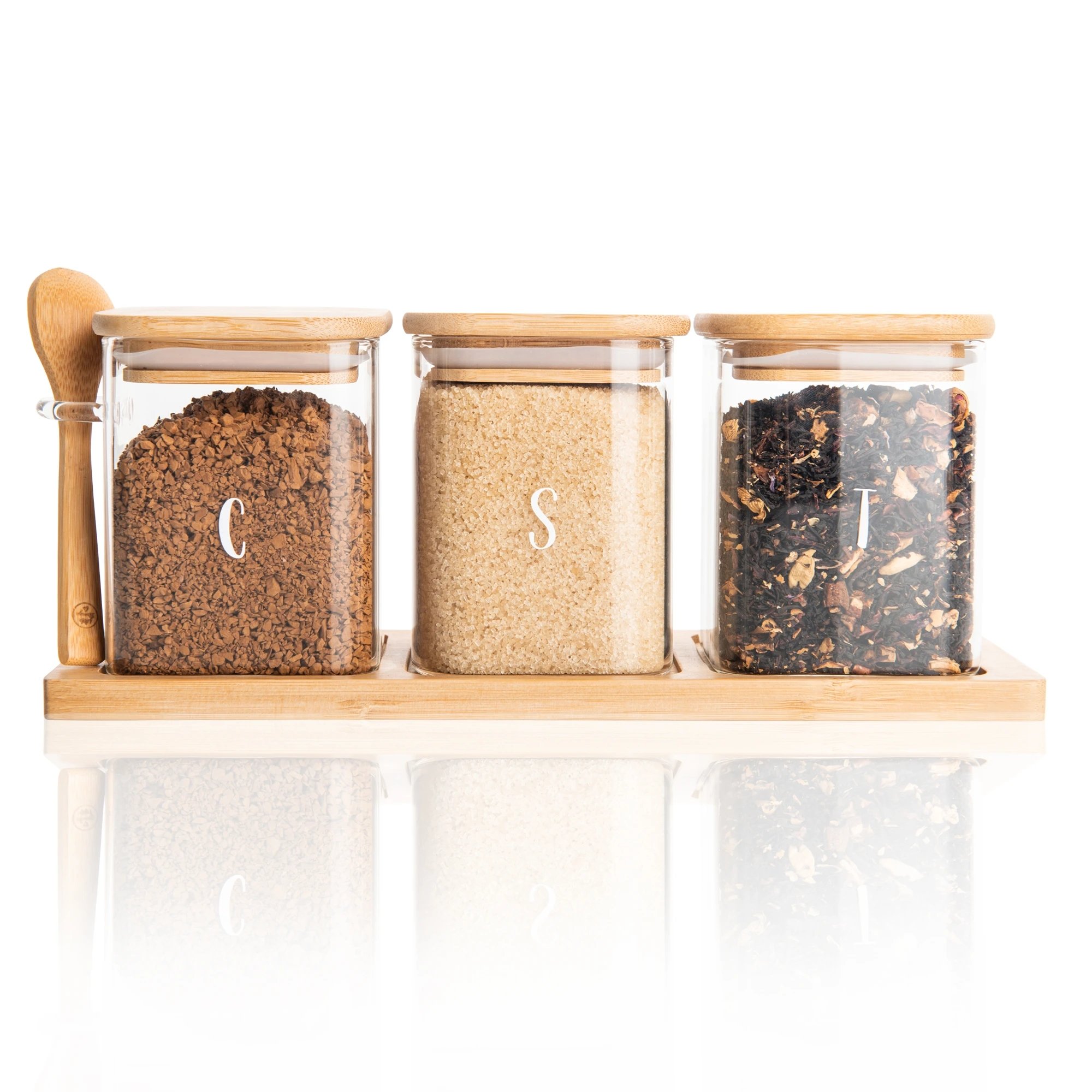 kitchen accessories set include 3 pieces glass jar with one spoon one bamboo tray