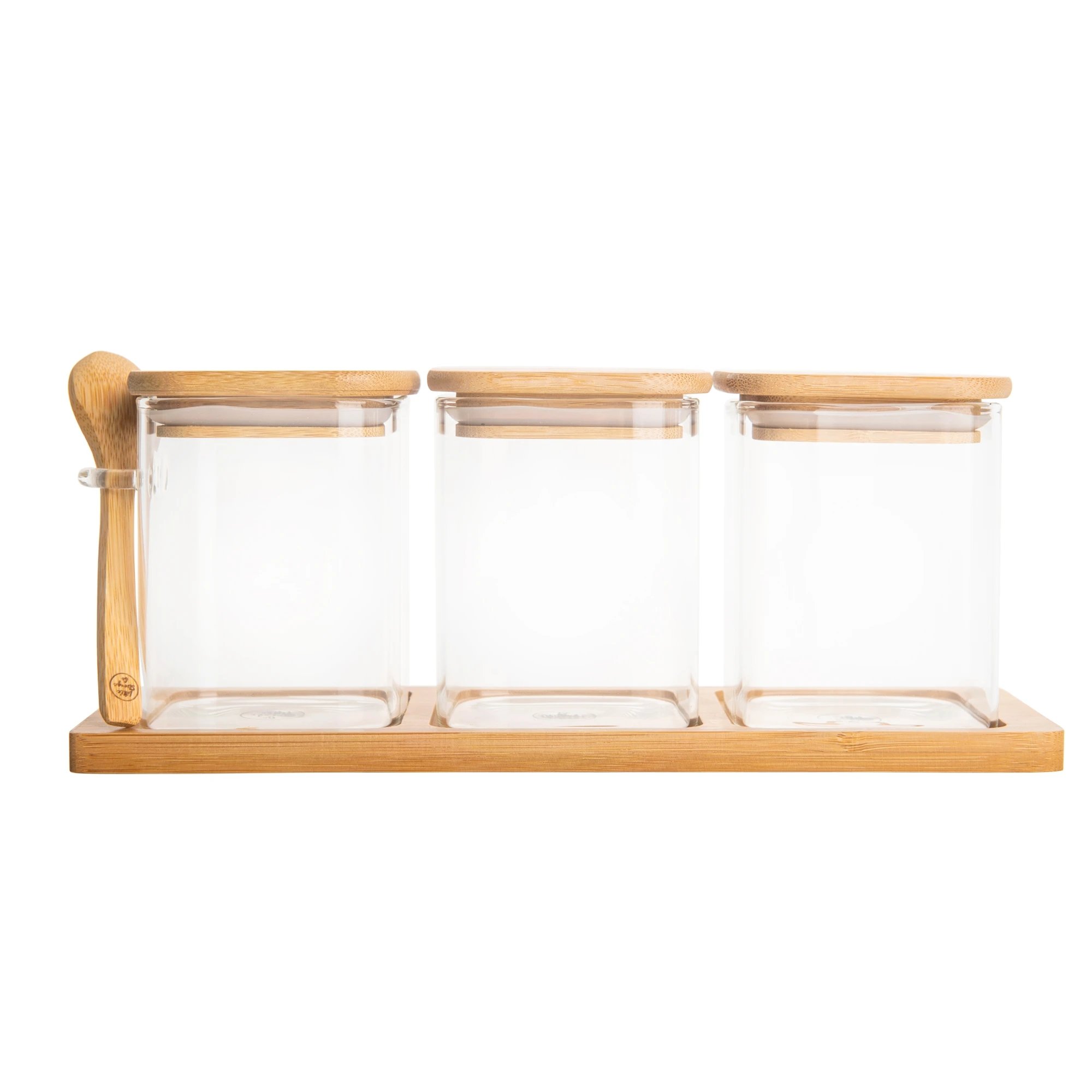 kitchen accessories set include 3 pieces glass jar with one spoon one bamboo tray