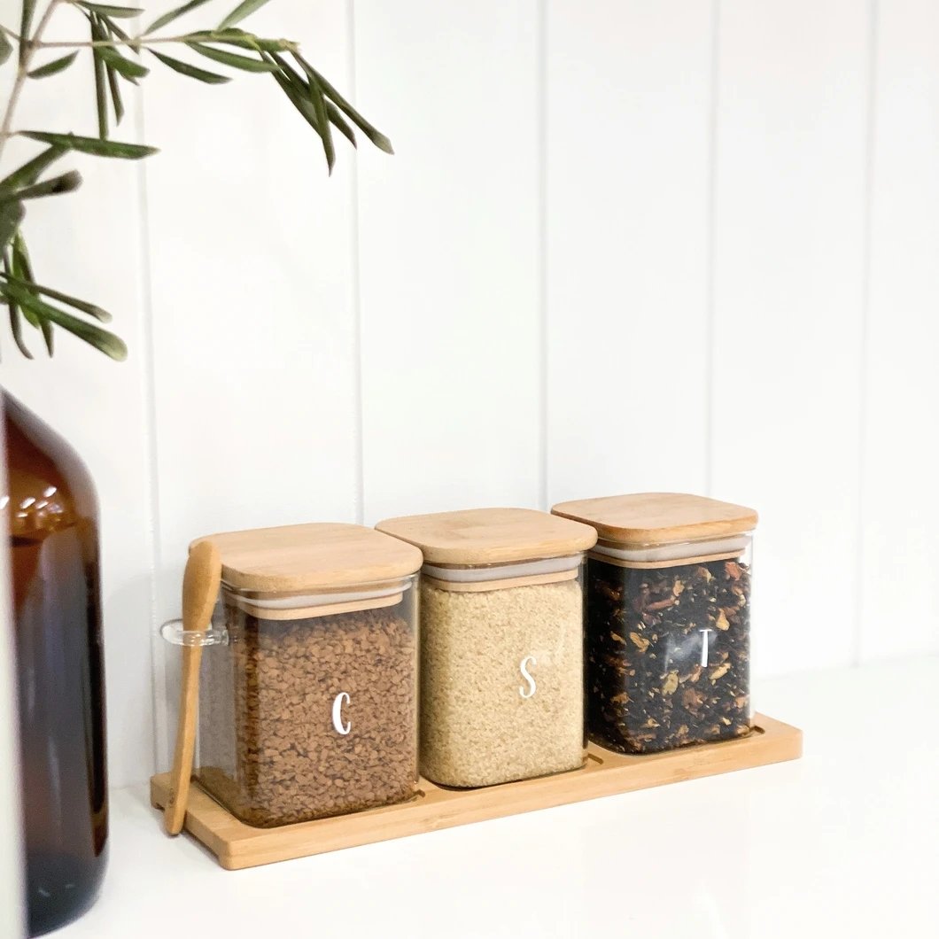 kitchen accessories set include 3 pieces glass jar with one spoon one bamboo tray