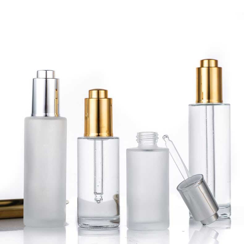In Stock 15ml 20ml 30ml 40ml 50ml 60ml 80ml 100ml Clear Frosted serum glass dropper bottle with Gold Silver push dropper