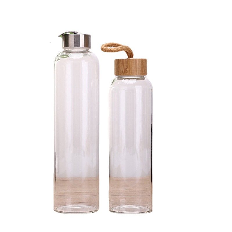 12OZ Small Size Food Grade High Borosilicate Glass Drinking Water Bottle with Wooden Lid 1L