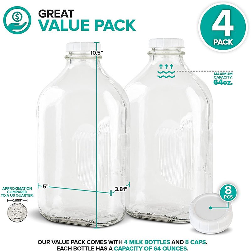 64oz Half gallon glass milk bottle large size for drinking storage glass bottle with plastic tamper evident lid