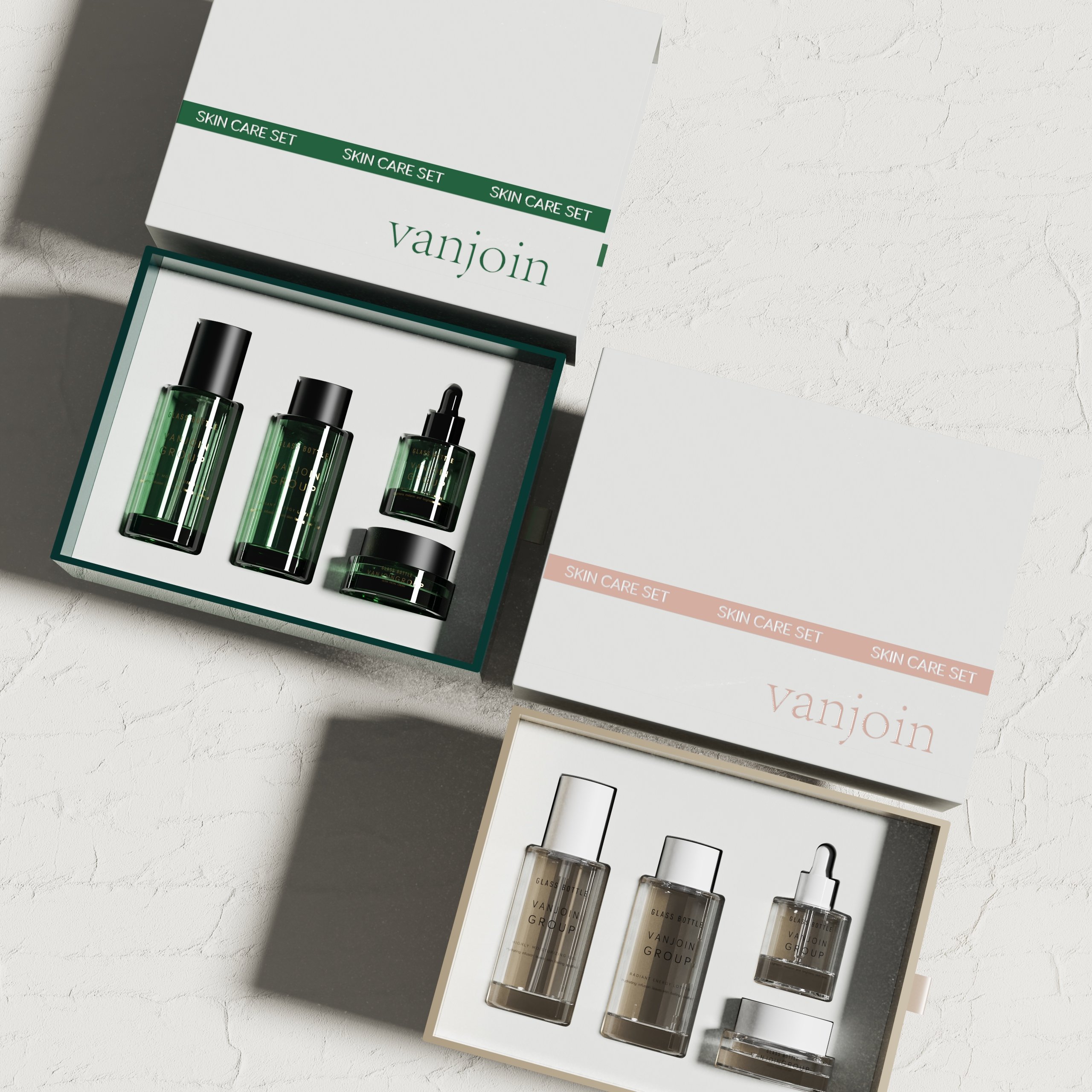 Custom 50ml Thick-Wall Glass Skincare Essential Oil Serum Dropper Bottle Cream Jar Set With Custom Cosmetic Packaging Box