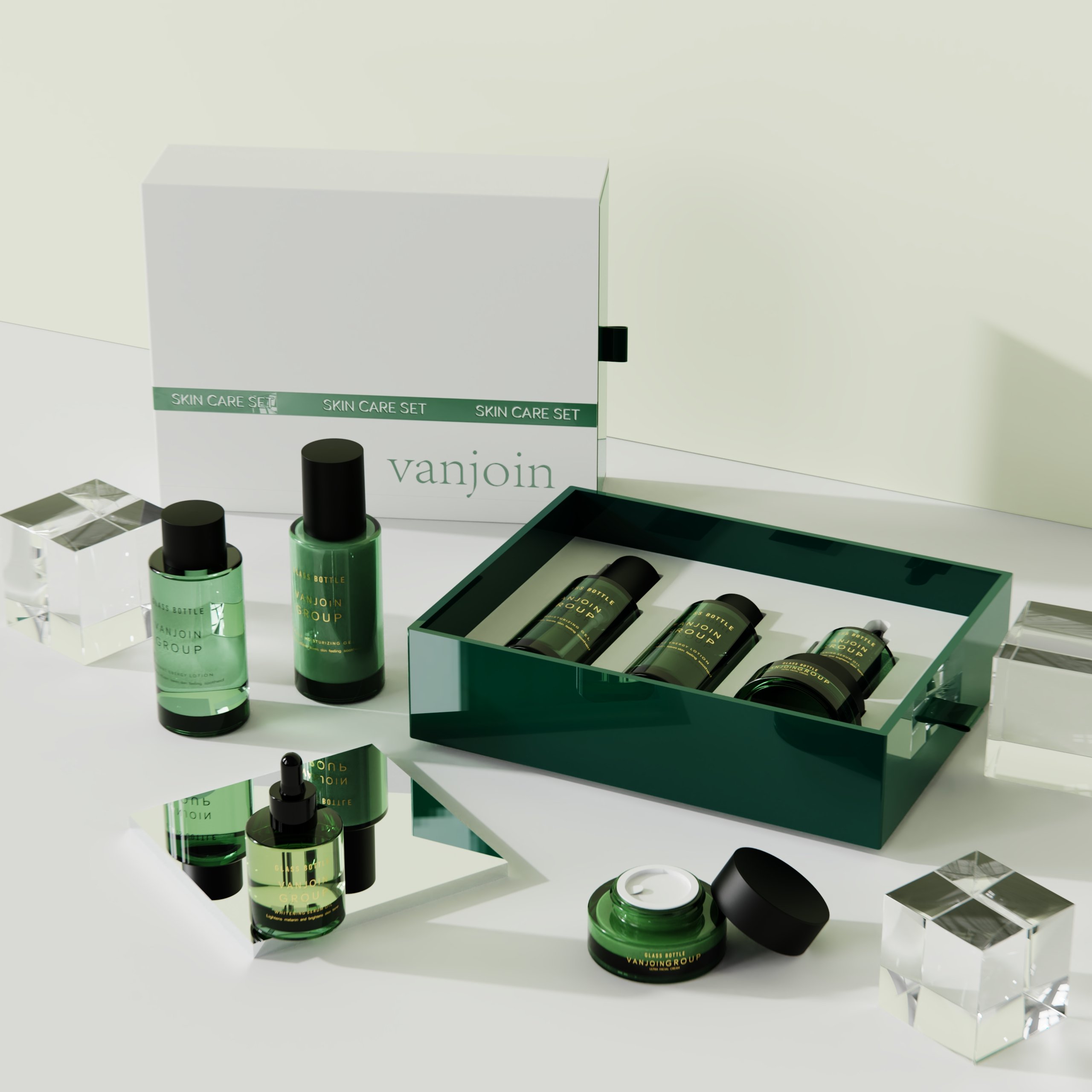 Custom 50ml Thick-Wall Glass Skincare Essential Oil Serum Dropper Bottle Cream Jar Set With Custom Cosmetic Packaging Box