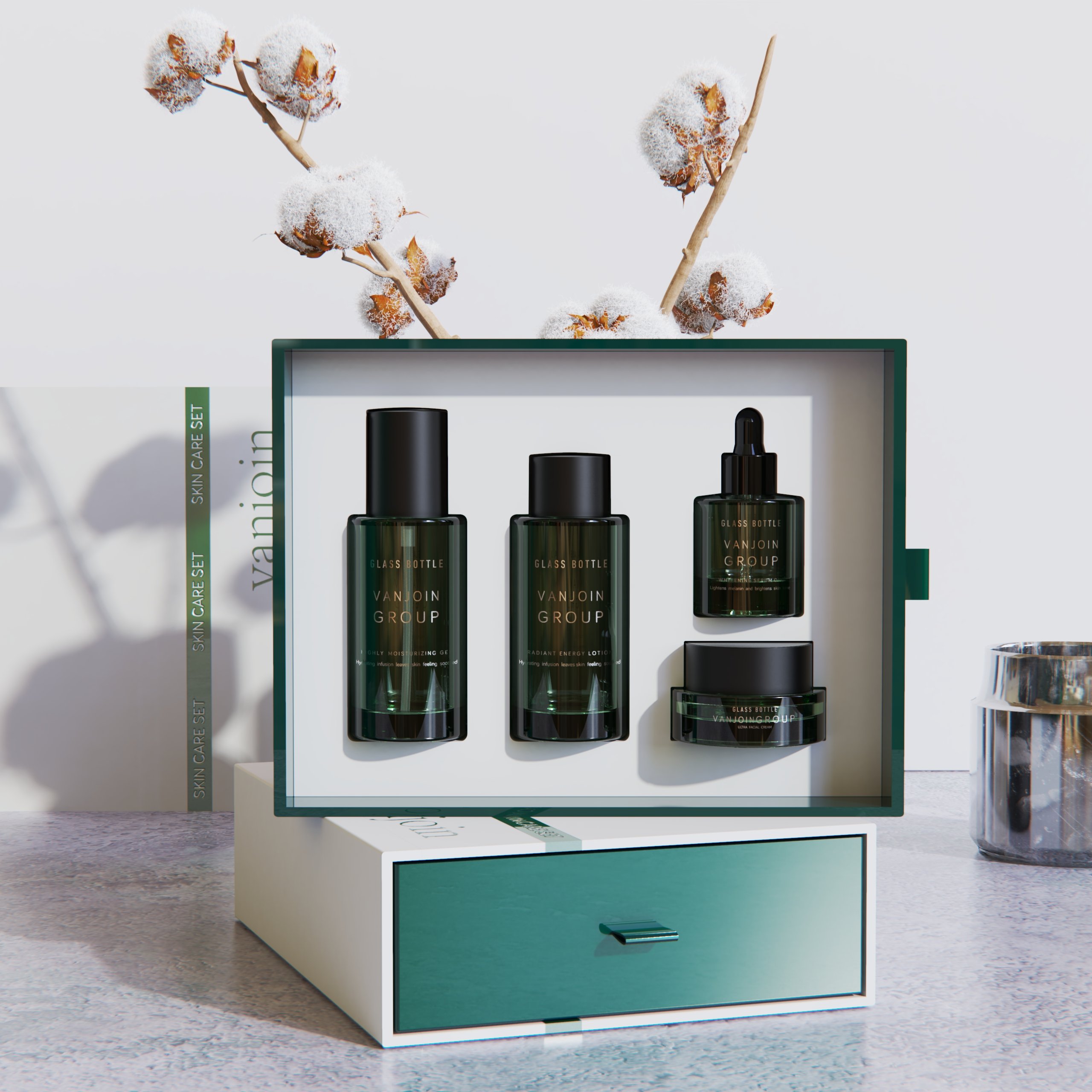 Custom 50ml Thick-Wall Glass Skincare Essential Oil Serum Dropper Bottle Cream Jar Set With Custom Cosmetic Packaging Box