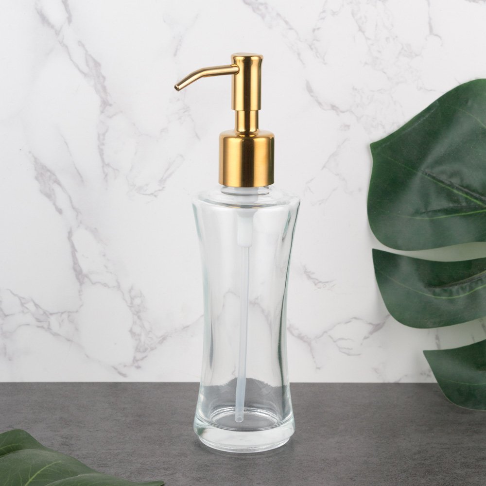Longan Modern Clear Glass Bathroom Kitchen Shampoo Bottle With Pump Metal Liquid Soap Lotion Dispensers