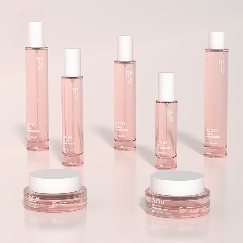 New Transparent Pink Bottle 50ml 30ml Lotion Glass Bottle Custom Color Press Pump 100ml Cylinder Empty Clear Skincare Packaging