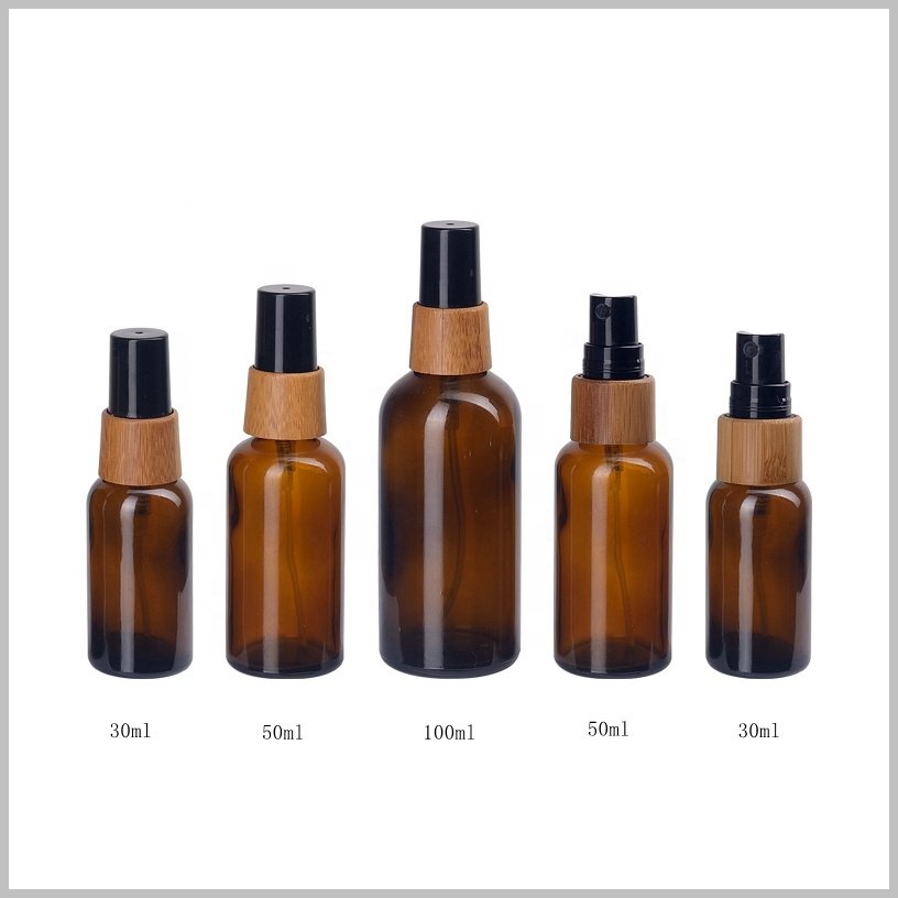 frosted amber glass bottle 30 ml 50 ml 100 ml matte brown glass cosmetic bottle with 18/415 bamboo spray fine mist spray