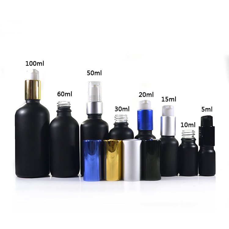 5ml 10ml 15ml 20ml 30ml 50ml 100ml matte black glass bottle with treatment pump lotion for essential oils aromatherapy