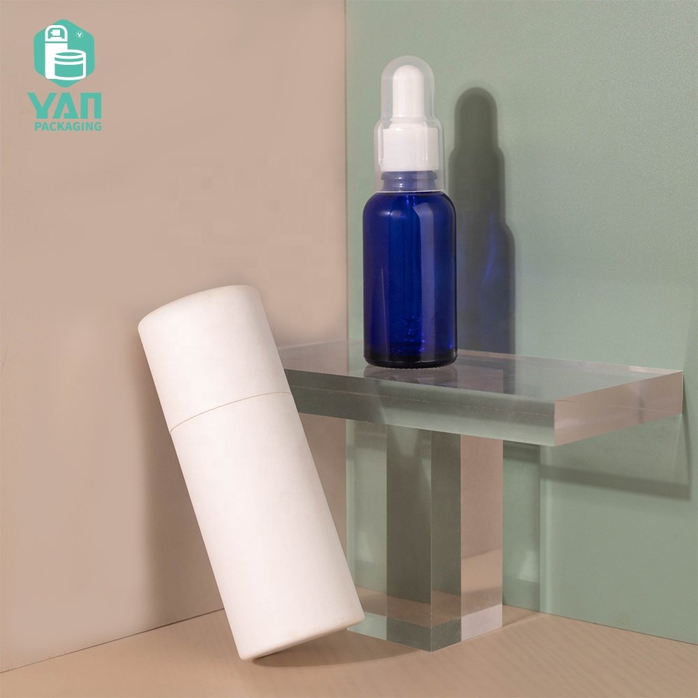 YAN Packaging 30ml round Blue Skin Care Oil Toner Use Glass Bottle Plastic Dropper Cap Dustproof Cover White Paper Tube Box