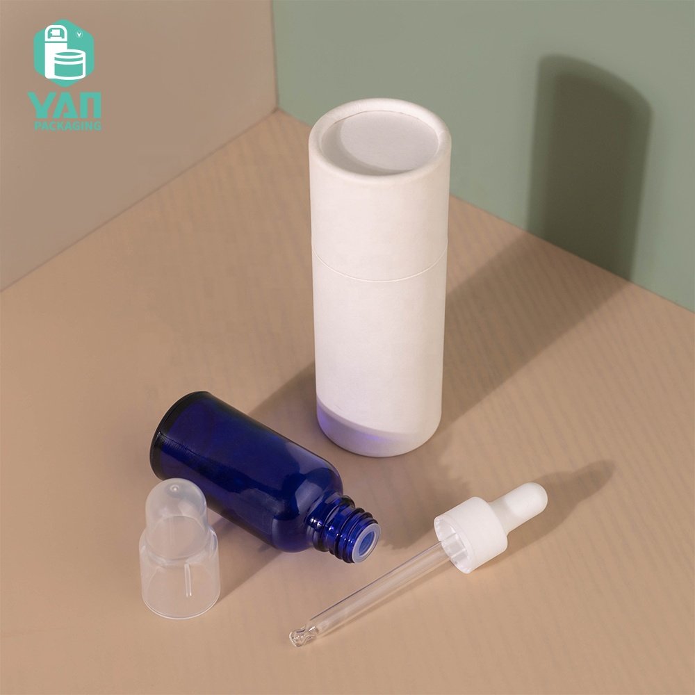YAN Packaging 30ml round Blue Skin Care Oil Toner Use Glass Bottle Plastic Dropper Cap Dustproof Cover White Paper Tube Box