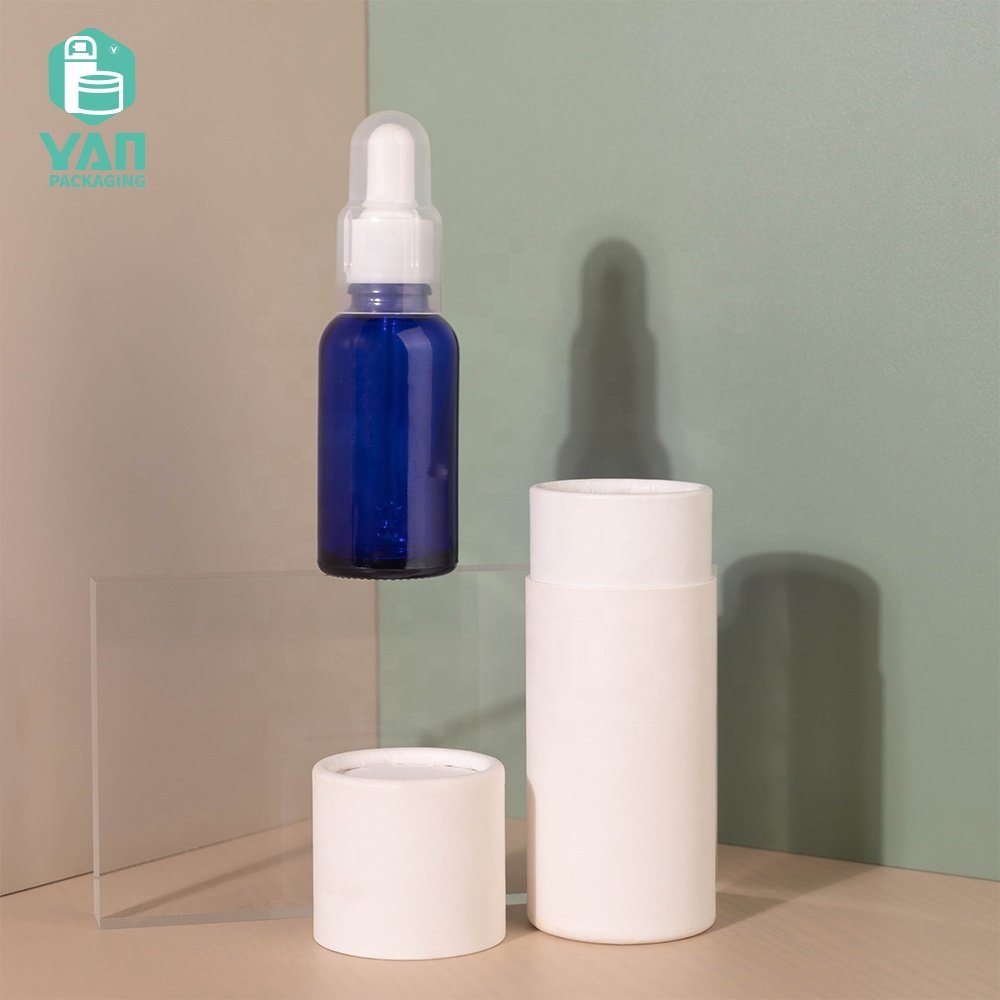 YAN Packaging 30ml round Blue Skin Care Oil Toner Use Glass Bottle Plastic Dropper Cap Dustproof Cover White Paper Tube Box