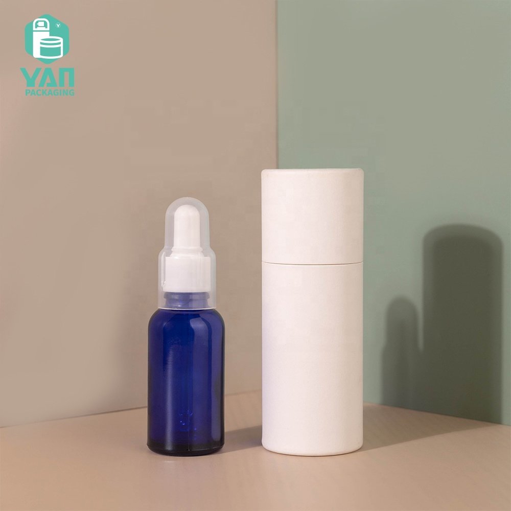 YAN Packaging 30ml round Blue Skin Care Oil Toner Use Glass Bottle Plastic Dropper Cap Dustproof Cover White Paper Tube Box
