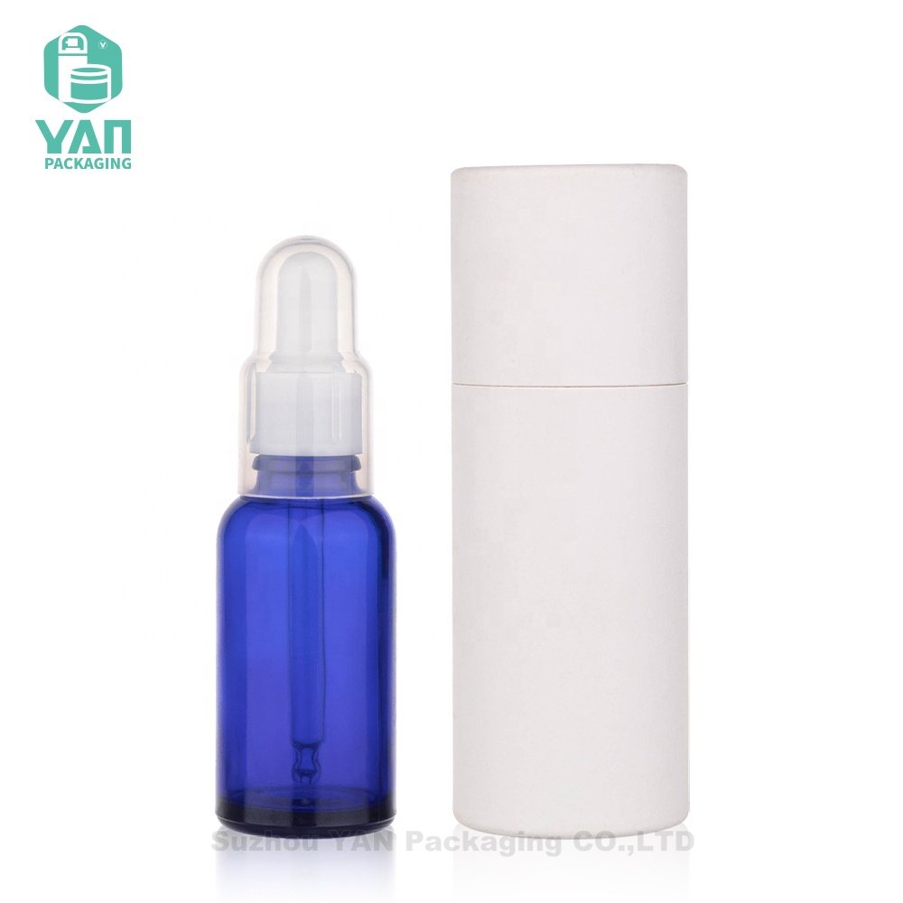 YAN Packaging 30ml round Blue Skin Care Oil Toner Use Glass Bottle Plastic Dropper Cap Dustproof Cover White Paper Tube Box