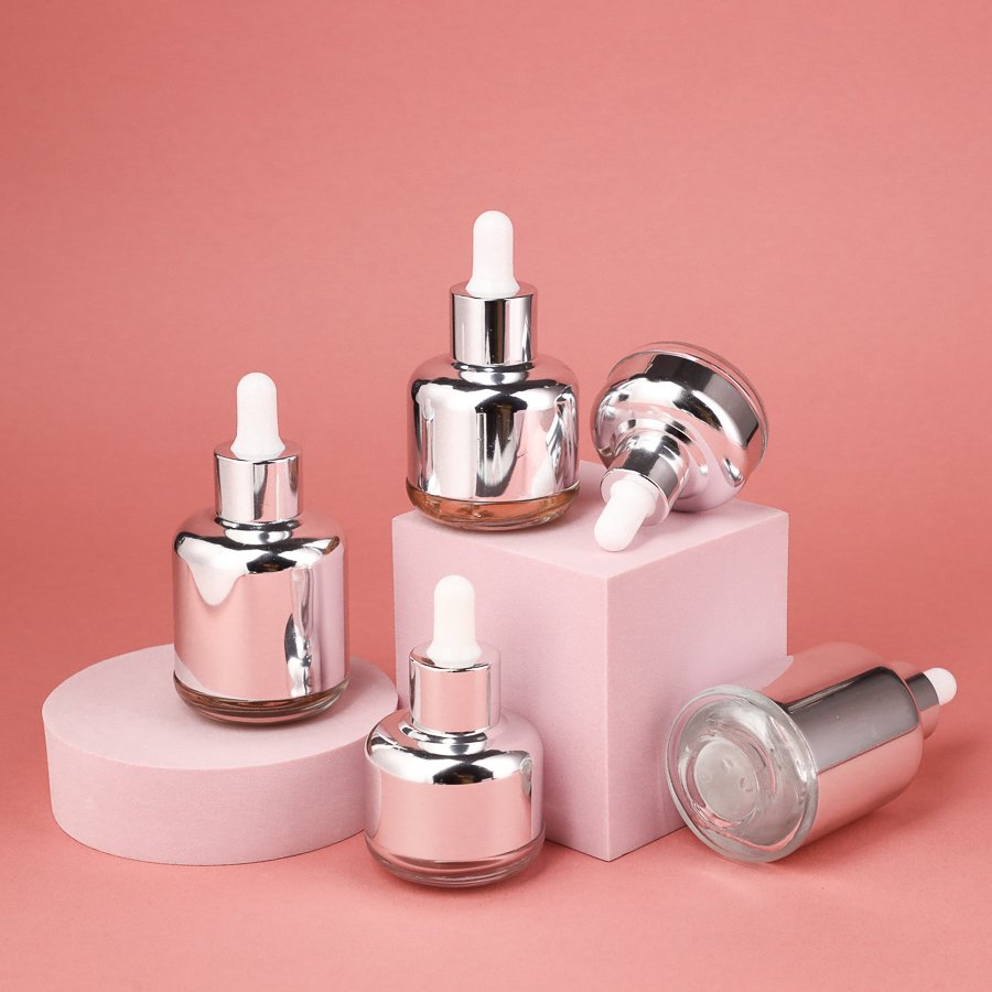 Luxury round Empty Glass 20ml-65ml Hair Serum Bottle with Silver Body Surface Essential Oil Packaging Glass Dropper Bottles