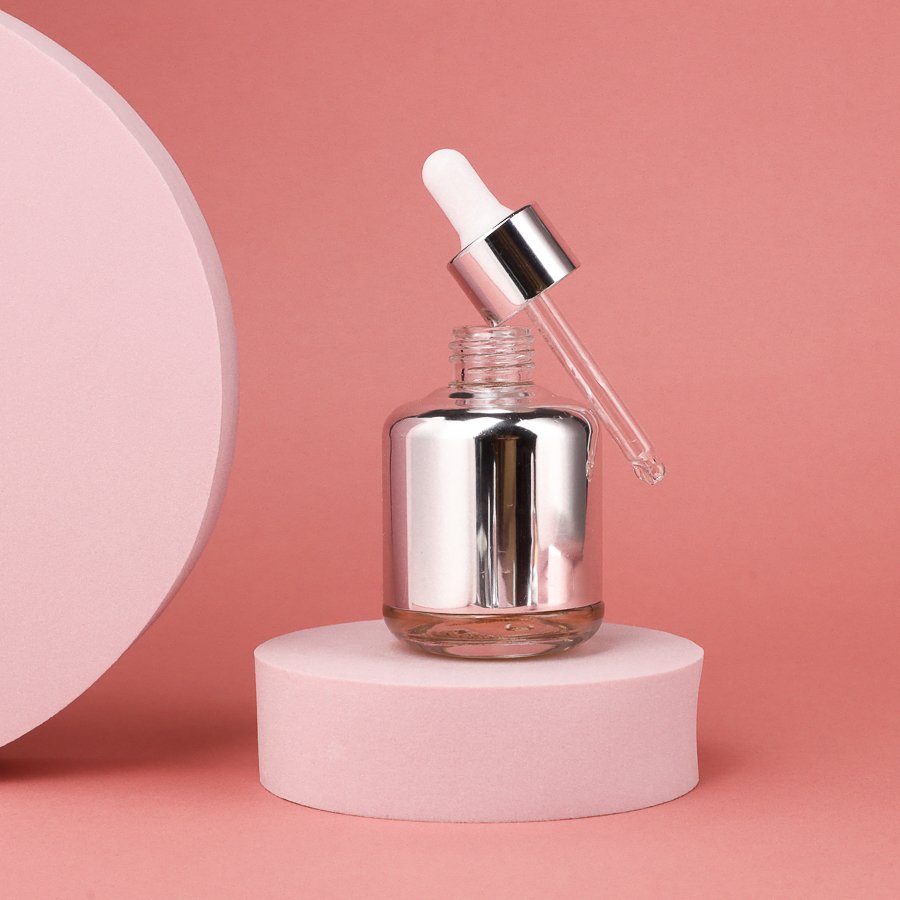 Luxury round Empty Glass 20ml-65ml Hair Serum Bottle with Silver Body Surface Essential Oil Packaging Glass Dropper Bottles