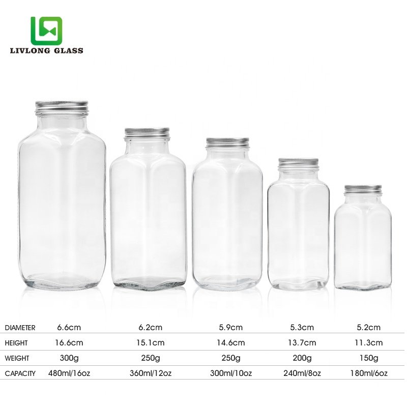 250ml 300ml 350ml 500ml 6oz 8oz 10oz 12oz 16oz french square glass bottle beverage cold press Juice Bottles With aluminum cap