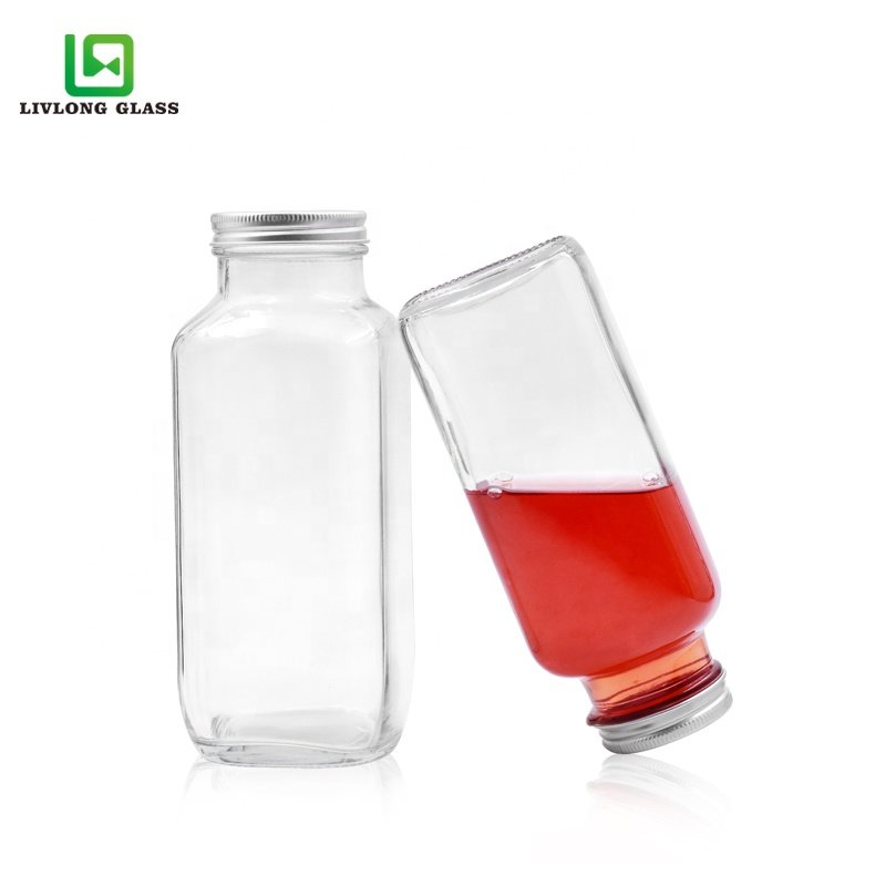 250ml 300ml 350ml 500ml 6oz 8oz 10oz 12oz 16oz french square glass bottle beverage cold press Juice Bottles With aluminum cap