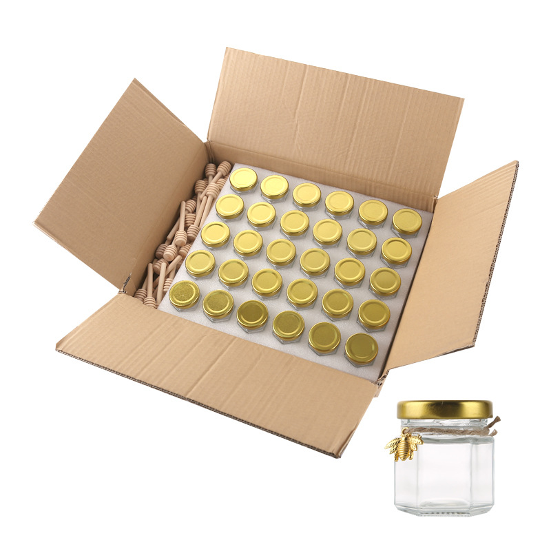 50ml Hexagonal Mini Honey Jar Wood Dipper Bee Jute Rope Small Glass Bottle For Gift Wedding Favors