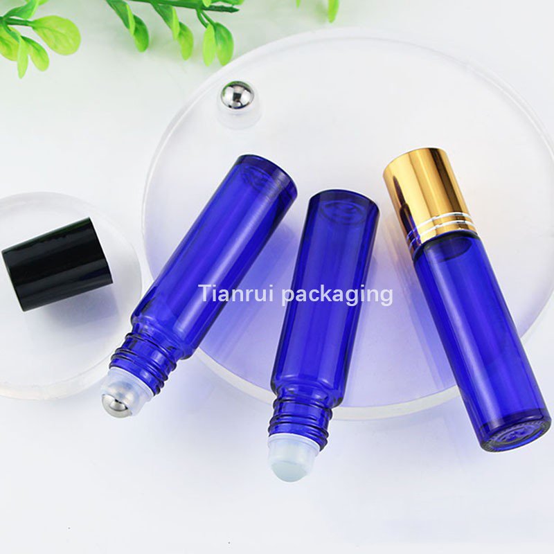Luxury 10ml Blue Roll On Perfume Bottles Wholesale Metal Roller Bottle 10 ml Liquid Roll On Glass Bottle with Sliver Cap