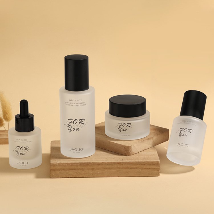 Broad Flat Shoulders Cosmetics Cream Frosted glass bottles And Jars With Silk Screen Black LOGO 30g 50g 120ml 150ml glass bottle